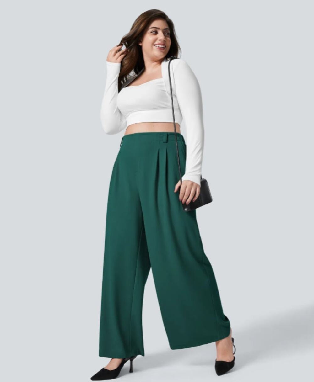 Halara Small Tall Green Flex High Waisted Pocket Wide Leg Waffle Work Pants J8-1